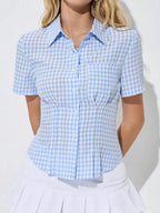 Button Down Short Sleeve Shirt - Women's Down Shirt Tops by Trendsi | Available at Handbags Specialist Headquarter