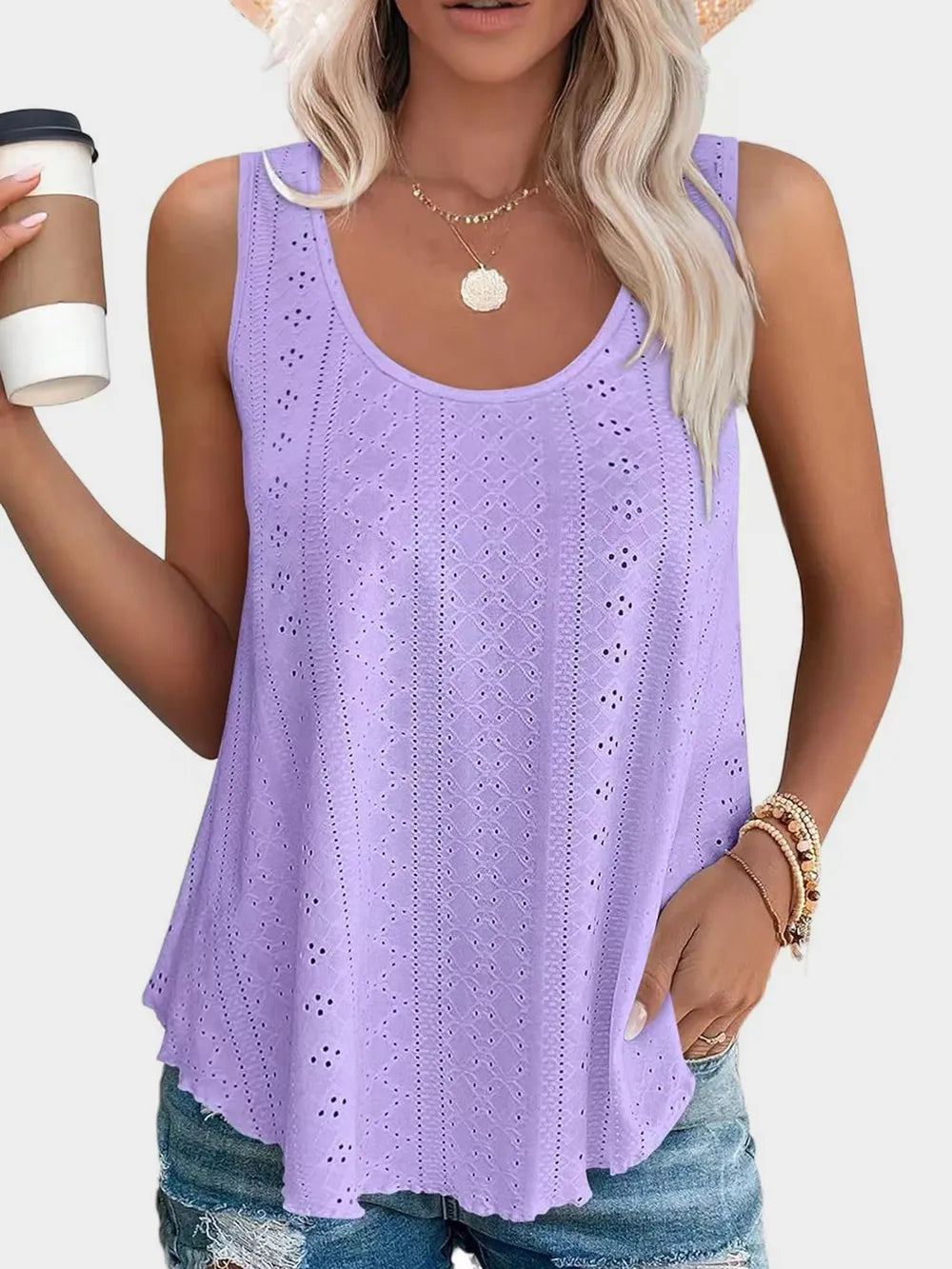 Florira Eyelet Round Neck Tank - Tops by Trendsi | Available at Handbags Specialist Headquarter