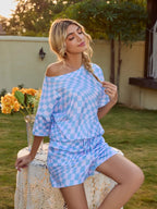 Plaid Round Neck Top and Shorts Lounge Set - sleepwear by Trendsi | Available at Handbags Specialist Headquarter