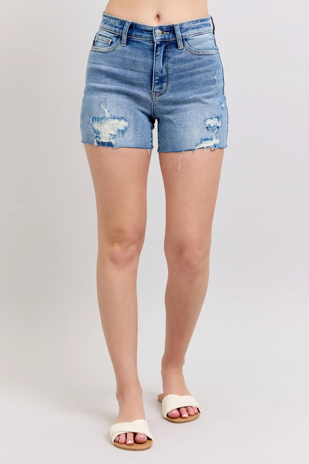 Judy Blue Full Size High Waist Denim Shorts W/stitch Over Destroy Detail Plus Size - Women / Jeans & Denim by Trendsi | Available at Handbags Specialist Headquarter