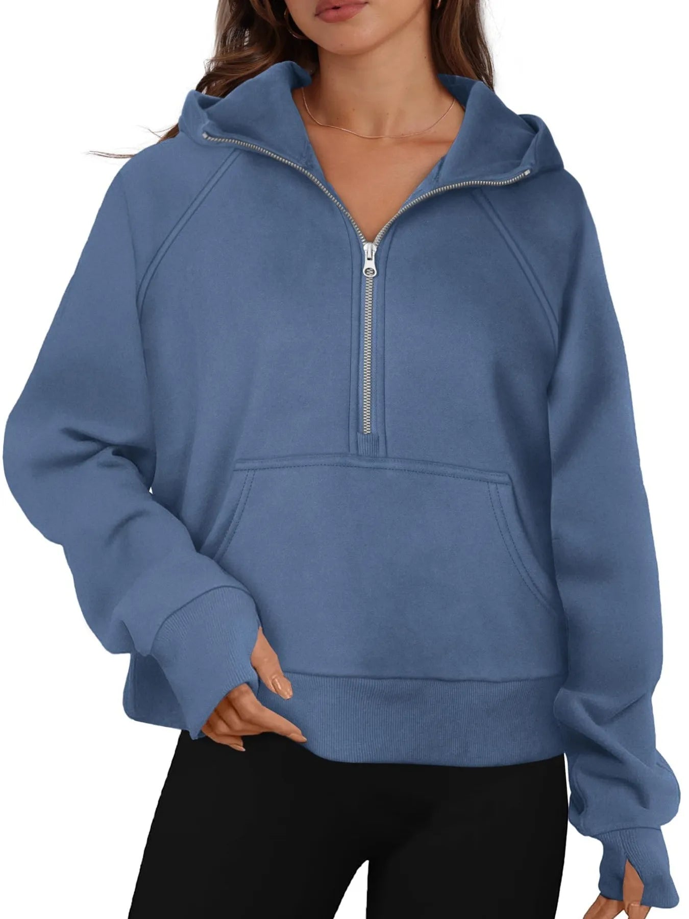 Half-Zip Hoodie with Kangaroo Pocket - Tops by Trendsi | Available at Handbags Specialist Headquarter