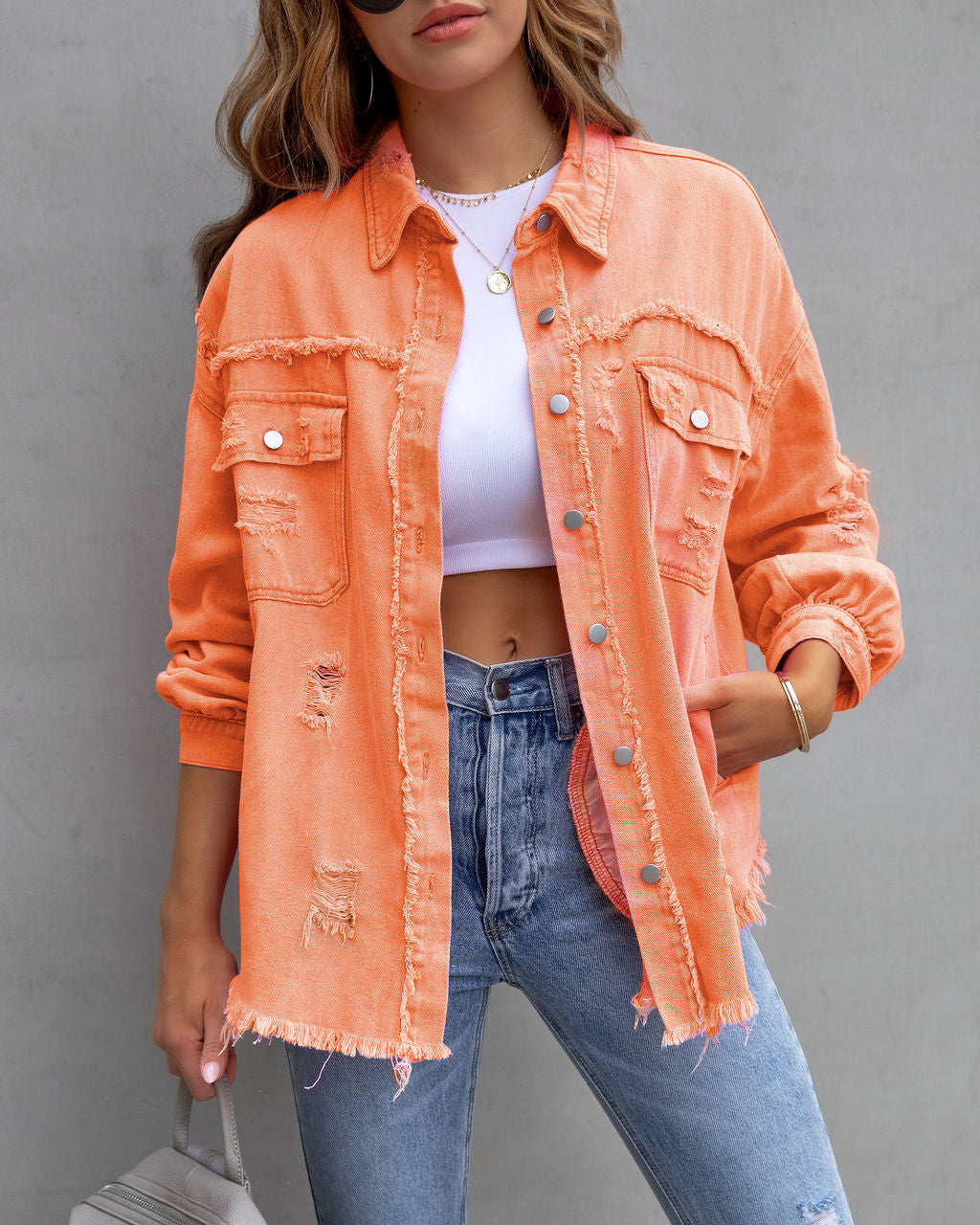 Autumn Breeze Ripped Shirt Jacket - Women's Casual