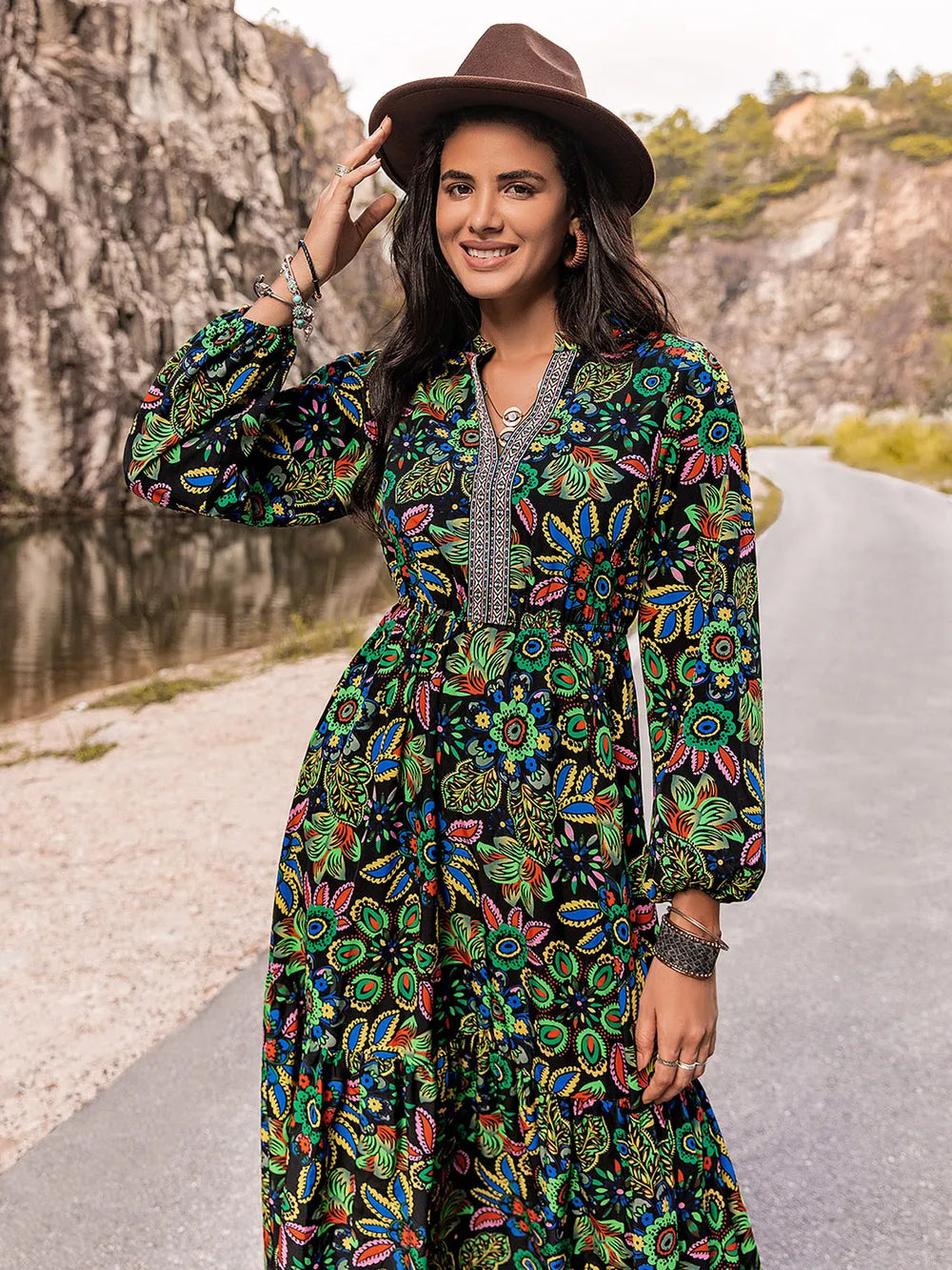 Printed Notched Neck Maxi Dress - Maxi Dress by Trendsi | Available at Handbags Specialist Headquarter