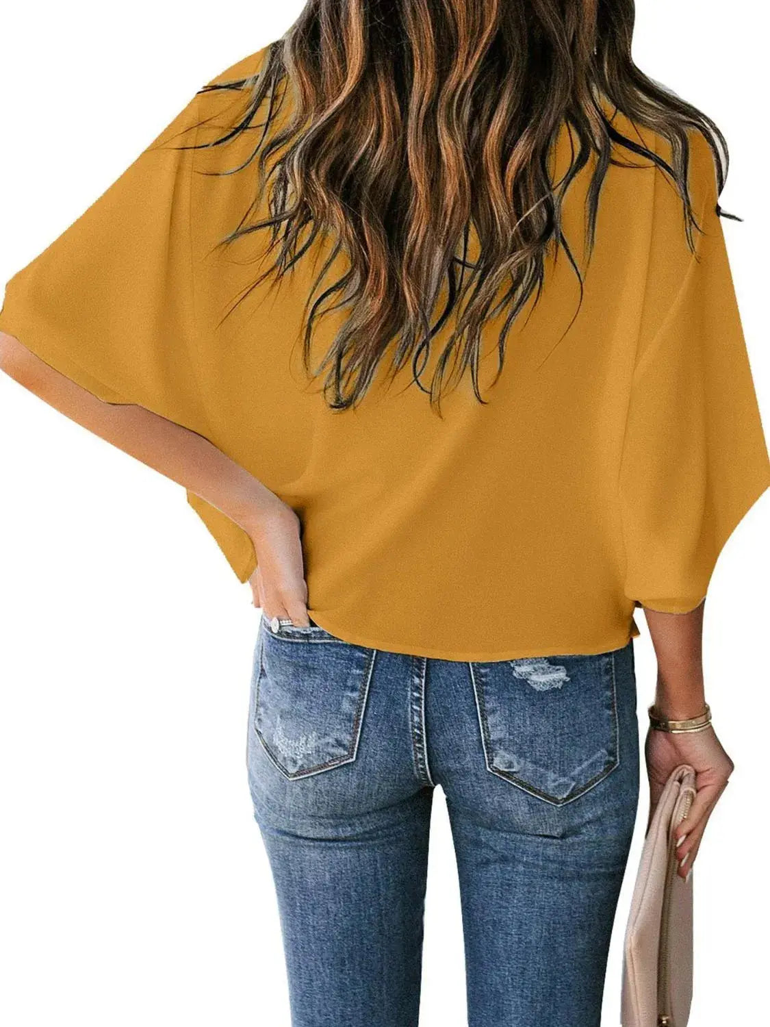 Full Size Ruched Three-Quarter Sleeve Blouse Plus Size - Women Plus Size by Trendsi | Available at Handbags Specialist Headquarter
