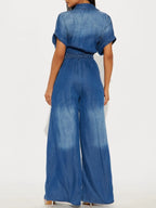 Button Front Wide Leg Denim Jumpsuit - Women / Jeans & Denim by Trendsi | Available at Handbags Specialist Headquarter