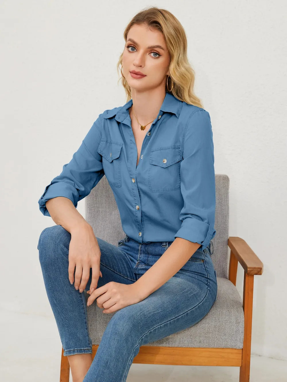 Pocketed Button Up Long Sleeve Denim Shirt - Women / Jeans & Denim by Trendsi | Available at Handbags Specialist Headquarter