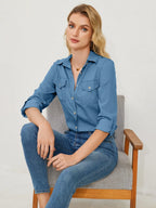 Pocketed Button Up Long Sleeve Denim Shirt - Women / Jeans & Denim by Trendsi | Available at Handbags Specialist Headquarter