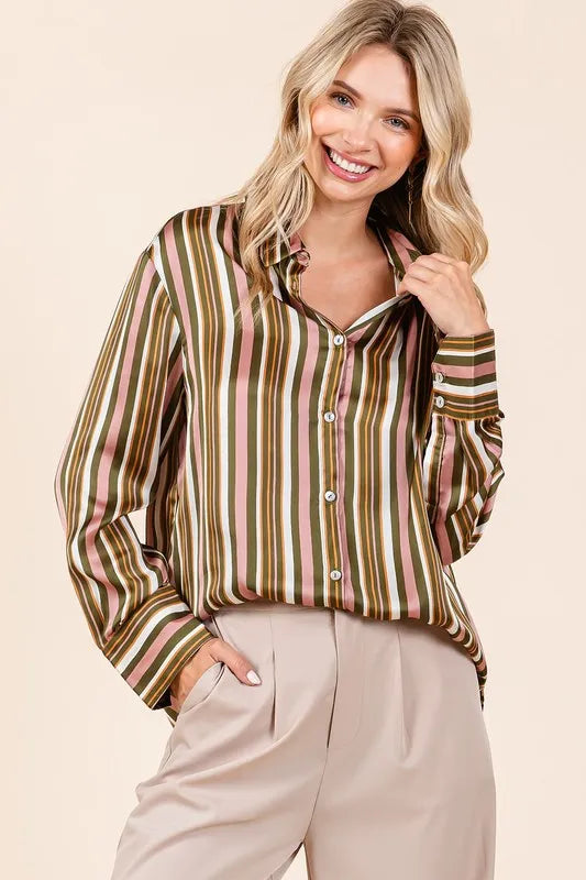 Mittoshop Striped Button Down Satin Shirt - Women's Down Shirt Tops by Trendsi | Available at Handbags Specialist Headquarter