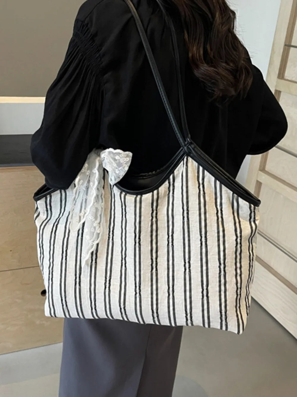 Striped Canvas Tote Bag - Tote Bag by Trendsi | Available at Handbags Specialist Headquarter