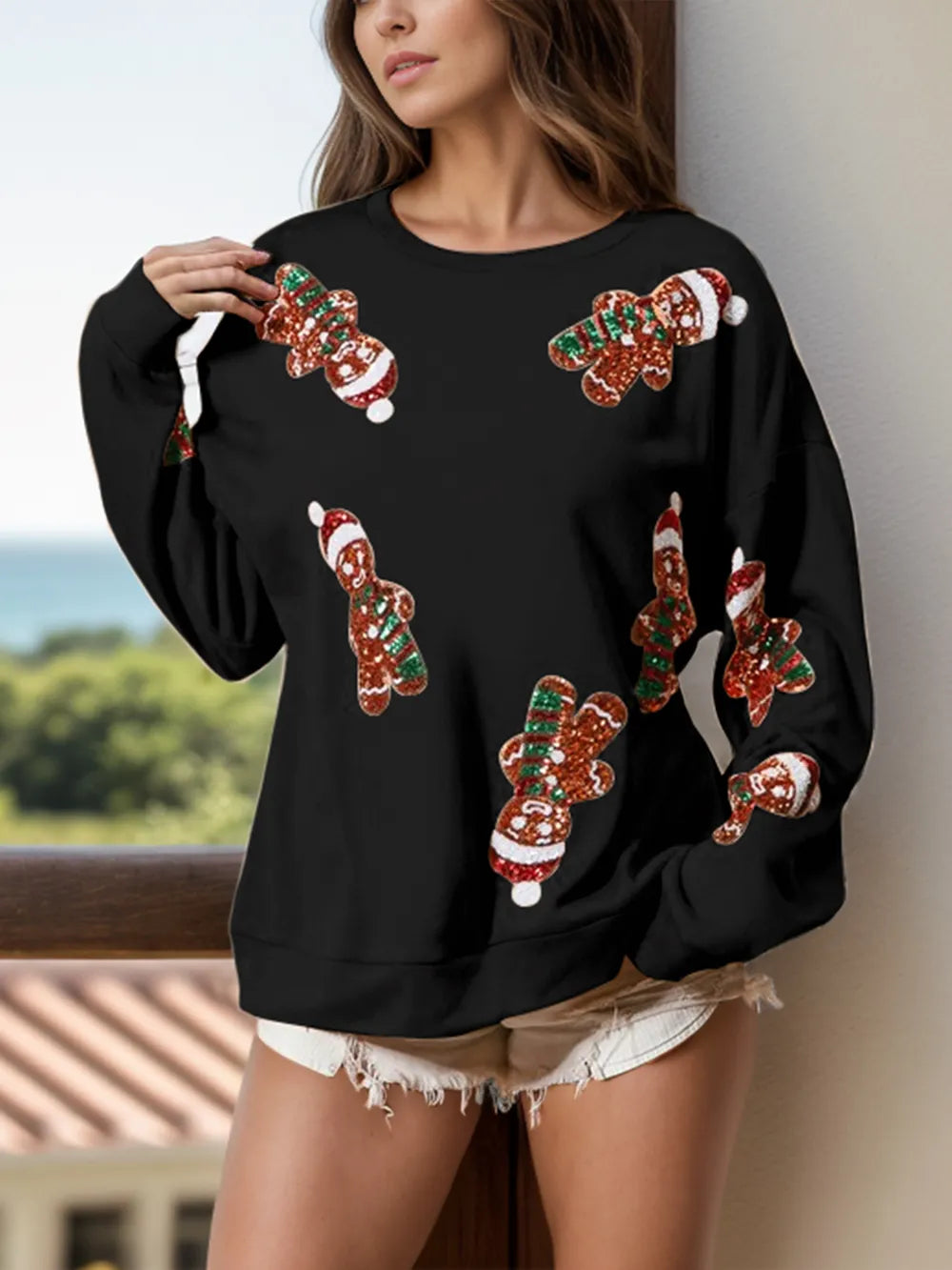 Sequin Gingerbread Man Long Sleeve Sweatshirt - Men's Sweatshirts by Trendsi | Available at Handbags Specialist Headquarter