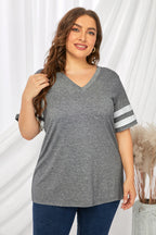 Plus Size Striped V-Neck Tee Shirt - Plus Size Shirts by Trendsi | Available at Handbags Specialist Headquarter