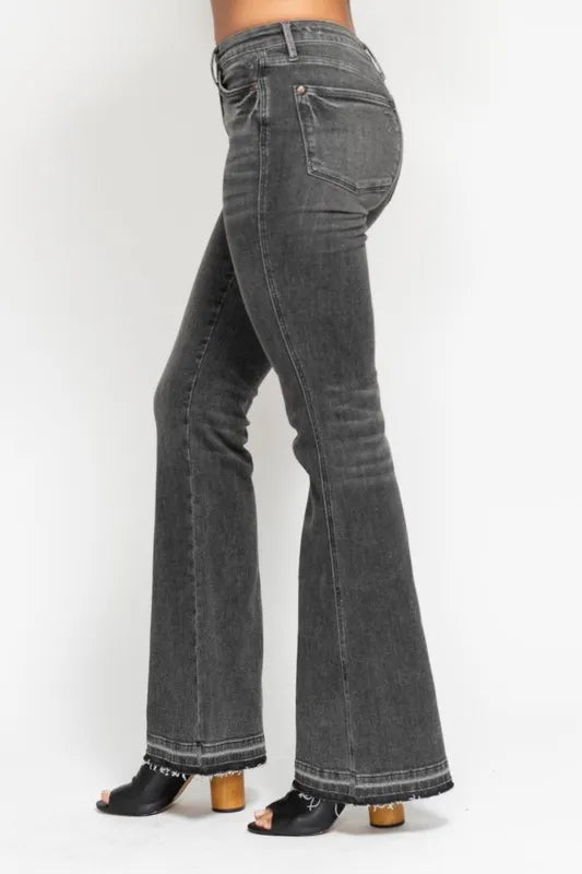 Judy Blue Full Size Mid Rise Tummy Control Washed Gray Release Hem Flare Jeans Plus Size - Women / Jeans & Denim by Trendsi | Available at Handbags Specialist Headquarter