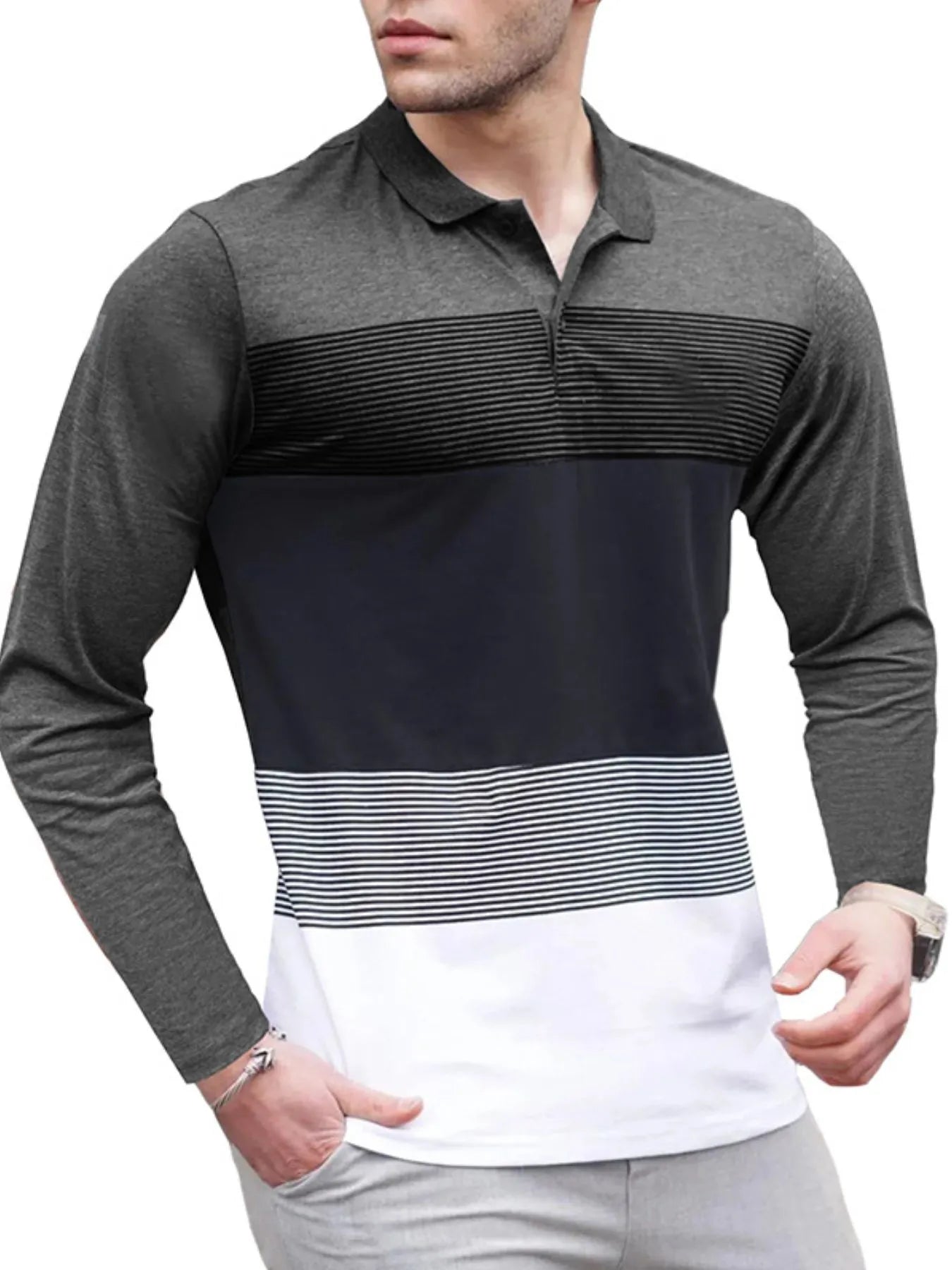 Men's Color Block Striped Long Sleeve Polo Shirt - Men's Polo shirt by Trendsi | Available at Handbags Specialist Headquarter