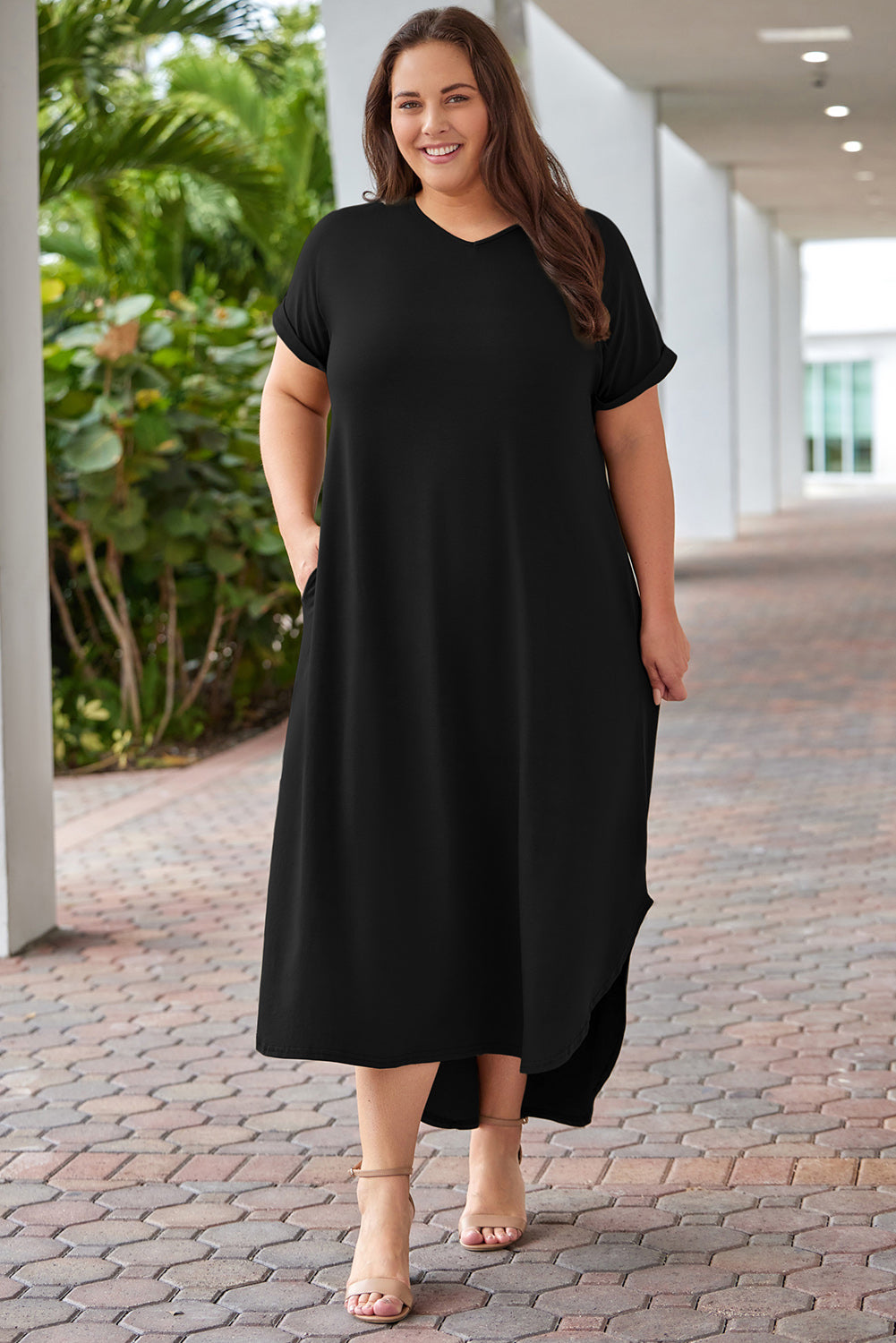 Plus Size V-Neck Short Sleeve Maxi Dress - Dresses by Trendsi | Available at Handbags Specialist Headquarter