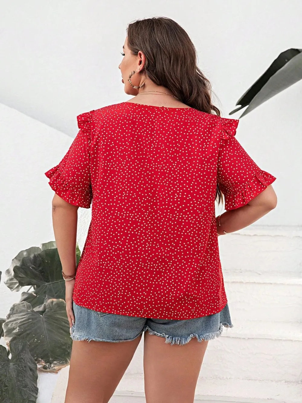 Plus Size Polka Dot Notched Flounce Sleeve Blouse - Plus Size Shirts by Trendsi | Available at Handbags Specialist Headquarter