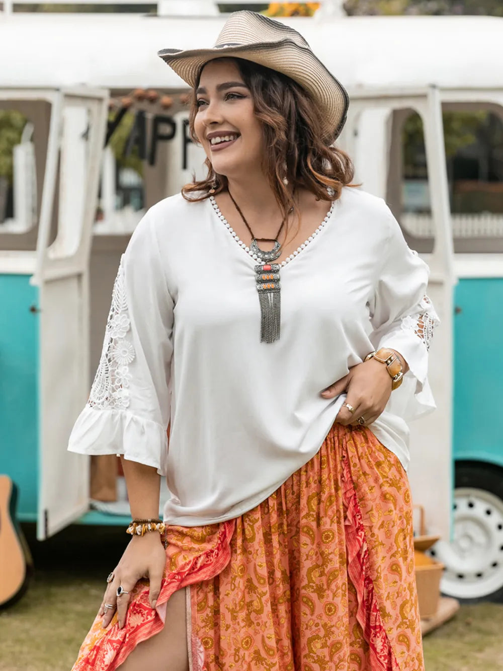 Plus Size Lace Detail V-Neck Three-Quarter Sleeve Blouse - Plus Size Shirts by Trendsi | Available at Handbags Specialist Headquarter