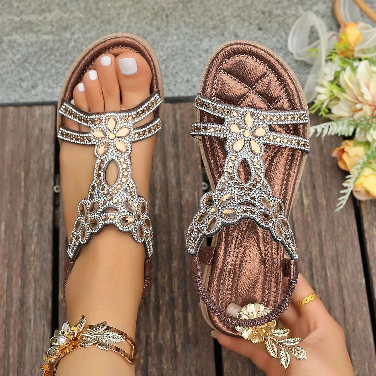 Rhinestone Embellished Flower Flat Sandals - Women Sandals by Trendsi | Available at Handbags Specialist Headquarter