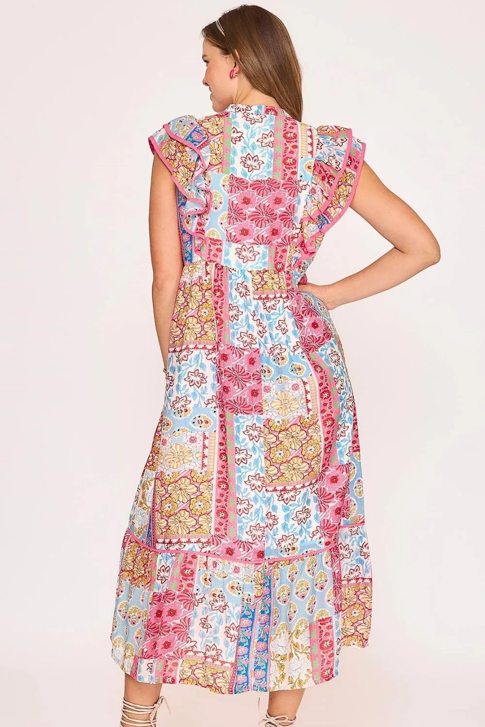 Umgee Full Size Tie Neck Double Layered Ruffle Sleeve Midi Dress Plus Size - Dresses by Trendsi | Available at Handbags Specialist Headquarter