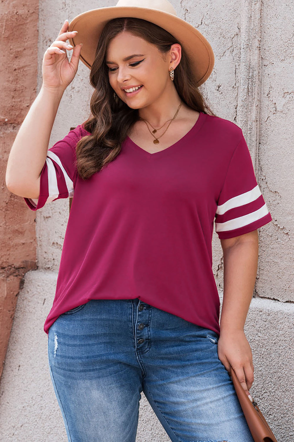 Plus Size Striped V-Neck Tee Shirt - Plus Size Shirts by Trendsi | Available at Handbags Specialist Headquarter