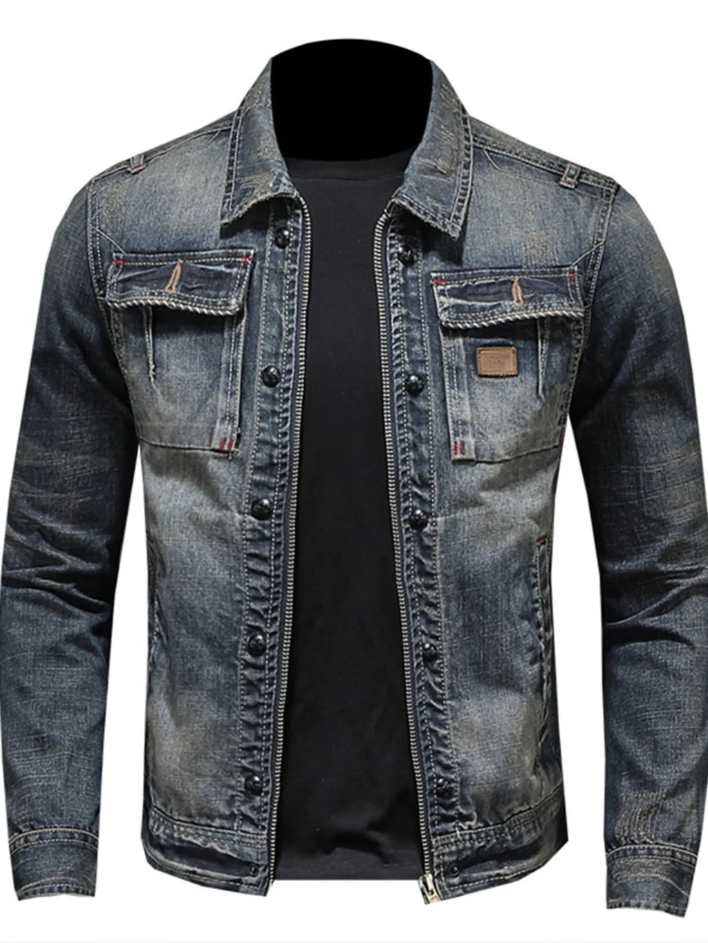 Men's Plus Size Washed Zip Up Denim Jacket with Chest Pockets - Men's jackets by Trendsi | Available at Handbags Specialist Headquarter