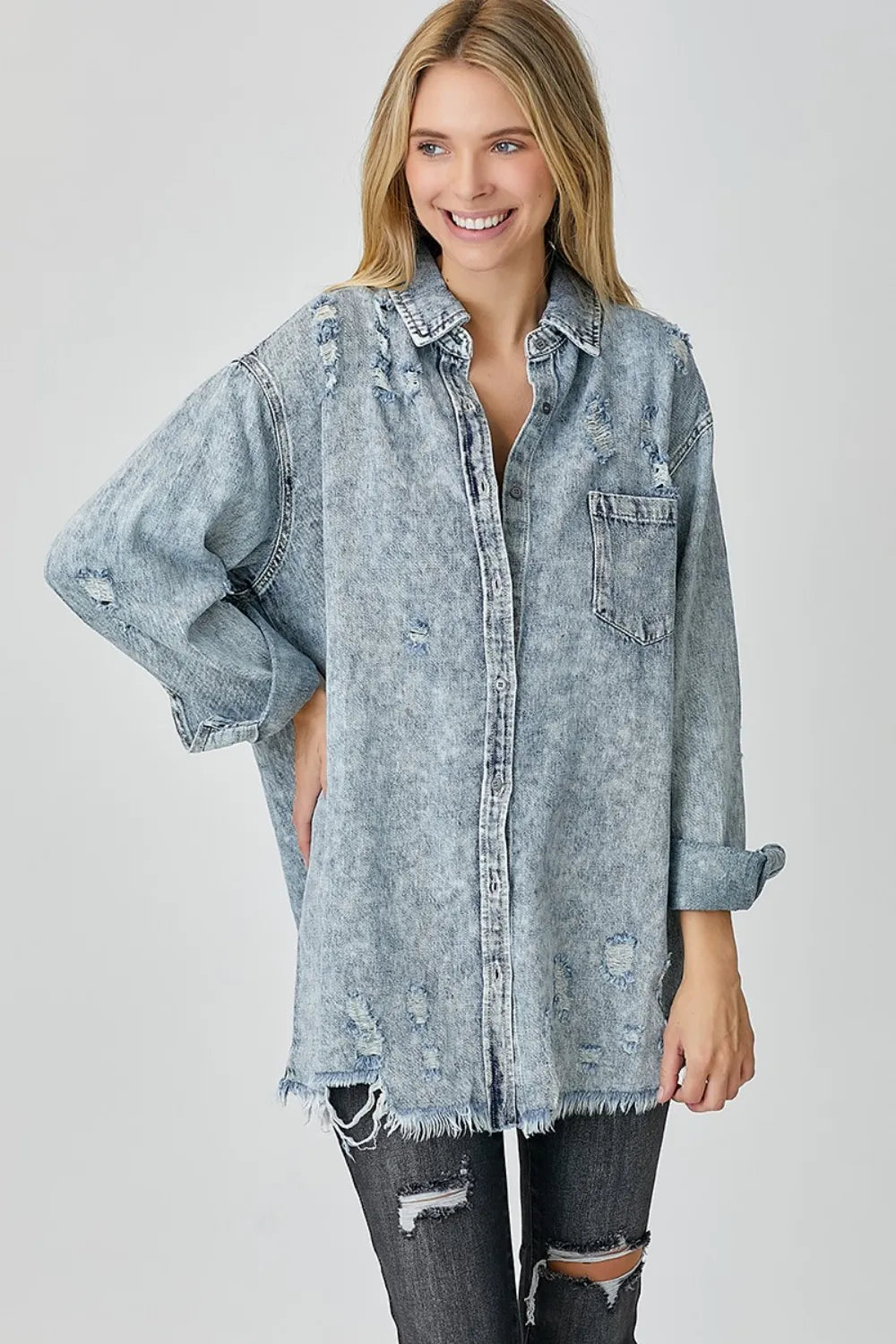 RISEN Distressed Raw Hem Denim Shirt - Women / Jeans & Denim by Trendsi | Available at Handbags Specialist Headquarter