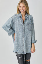 RISEN Distressed Raw Hem Denim Shirt - Women / Jeans & Denim by Trendsi | Available at Handbags Specialist Headquarter