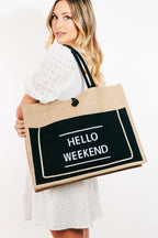 Fame Hello Weekend Burlap Tote Bag - Tote Bag by Trendsi | Available at Handbags Specialist Headquarter