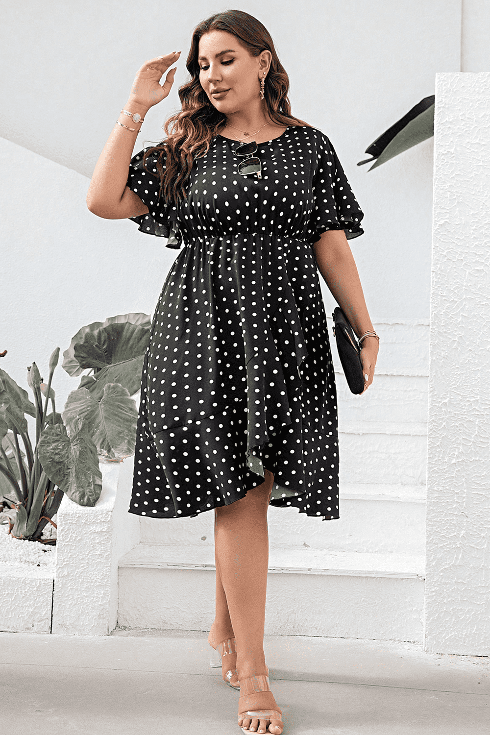 Plus Size Polka Dot Flutter Sleeve Dress - Dresses by Trendsi | Available at Handbags Specialist Headquarter