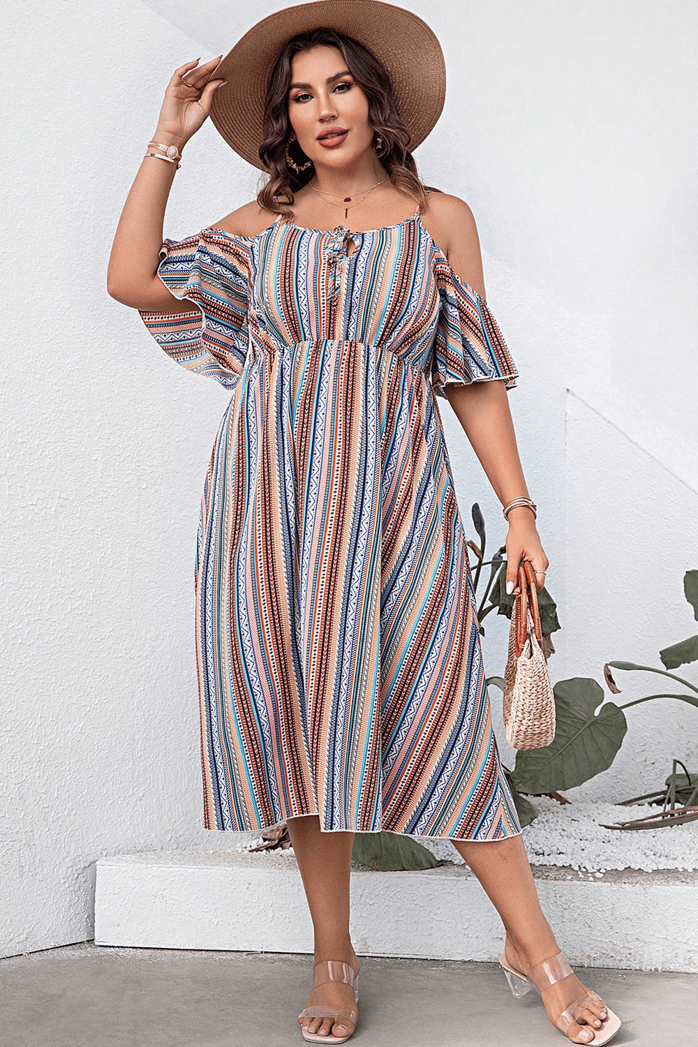 Plus Size Striped Cold-Shoulder Dress - Dresses by Trendsi | Available at Handbags Specialist Headquarter