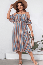 Plus Size Striped Cold-Shoulder Dress - Dresses by Trendsi | Available at Handbags Specialist Headquarter