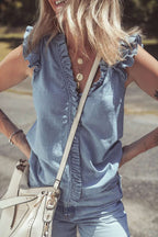 Frilly Ruffle Trim V Neck Chambray Tank - Women / Jeans & Denim by Trendsi | Available at Handbags Specialist Headquarter