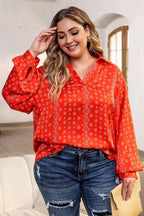 Plus Size Printed Johnny Collar Long Sleeve Blouse - Plus Size Shirts by Trendsi | Available at Handbags Specialist Headquarter
