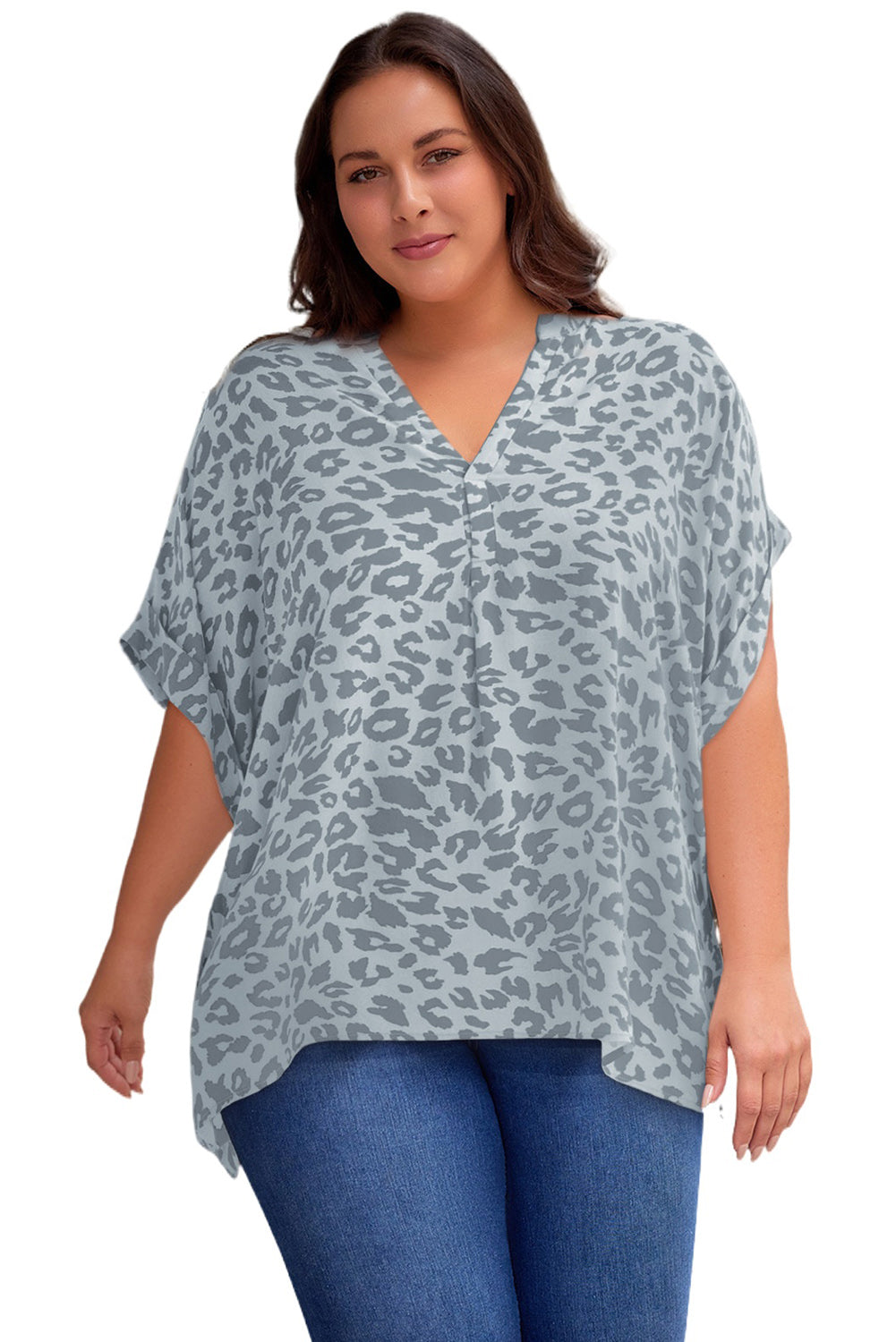 Plus Size Printed Notched Neck Half Sleeve Top - Plus Size Shirts by Trendsi | Available at Handbags Specialist Headquarter