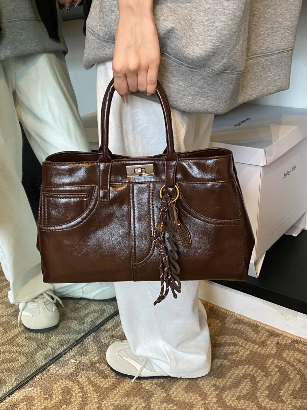 PU Leather Handbag with Pendant - Tote Bag by Trendsi | Available at Handbags Specialist Headquarter