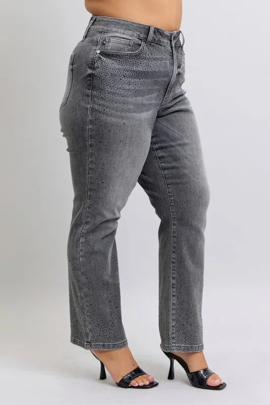 Judy Blue Full Size High Waist Rhinestone Straight Jeans Plus Size - Women / Jeans & Denim by Trendsi | Available at Handbags Specialist Headquarter