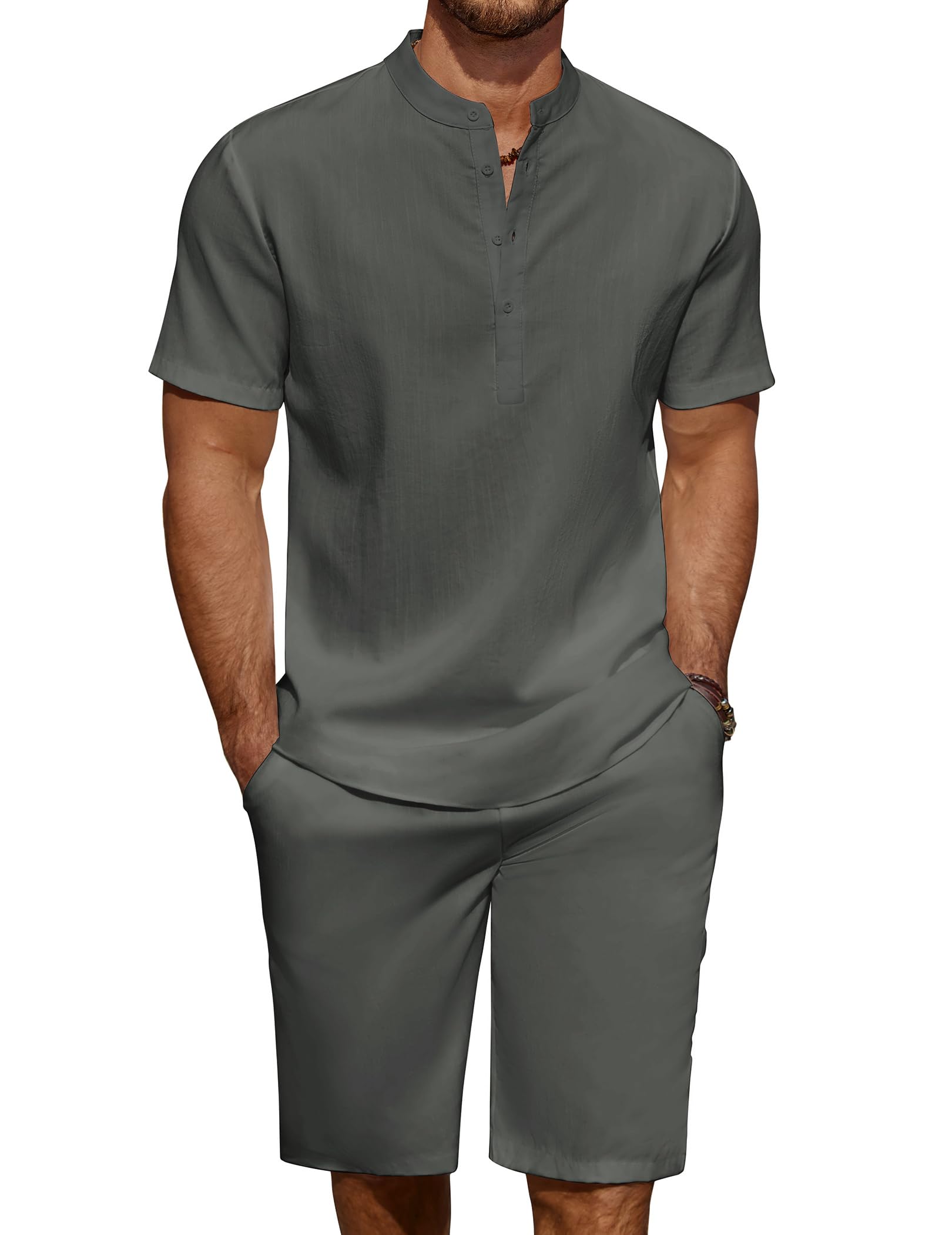 COOFANDY Men's Linen Henley Shirt & Shorts Set