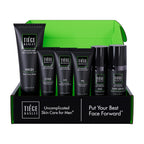 Black and green skincare product set with six bottles in a branded box.