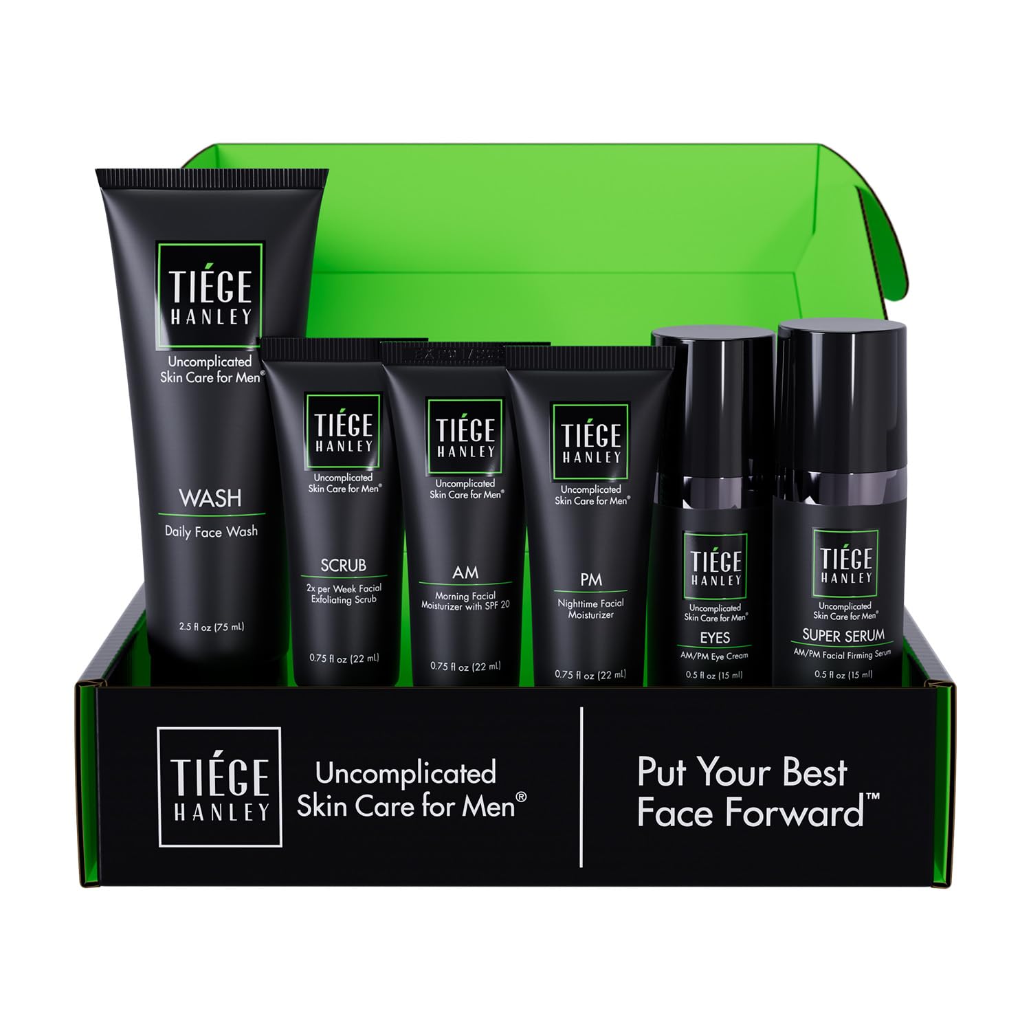 Black and green skincare product set with six bottles in a branded box.