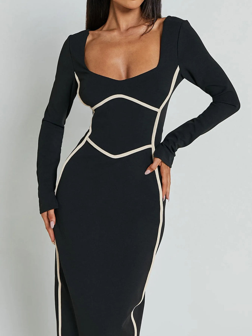 Contrast Trim Long Sleeve Bodycon Maxi Dress - Maxi Dress by Trendsi | Available at Handbags Specialist Headquarter