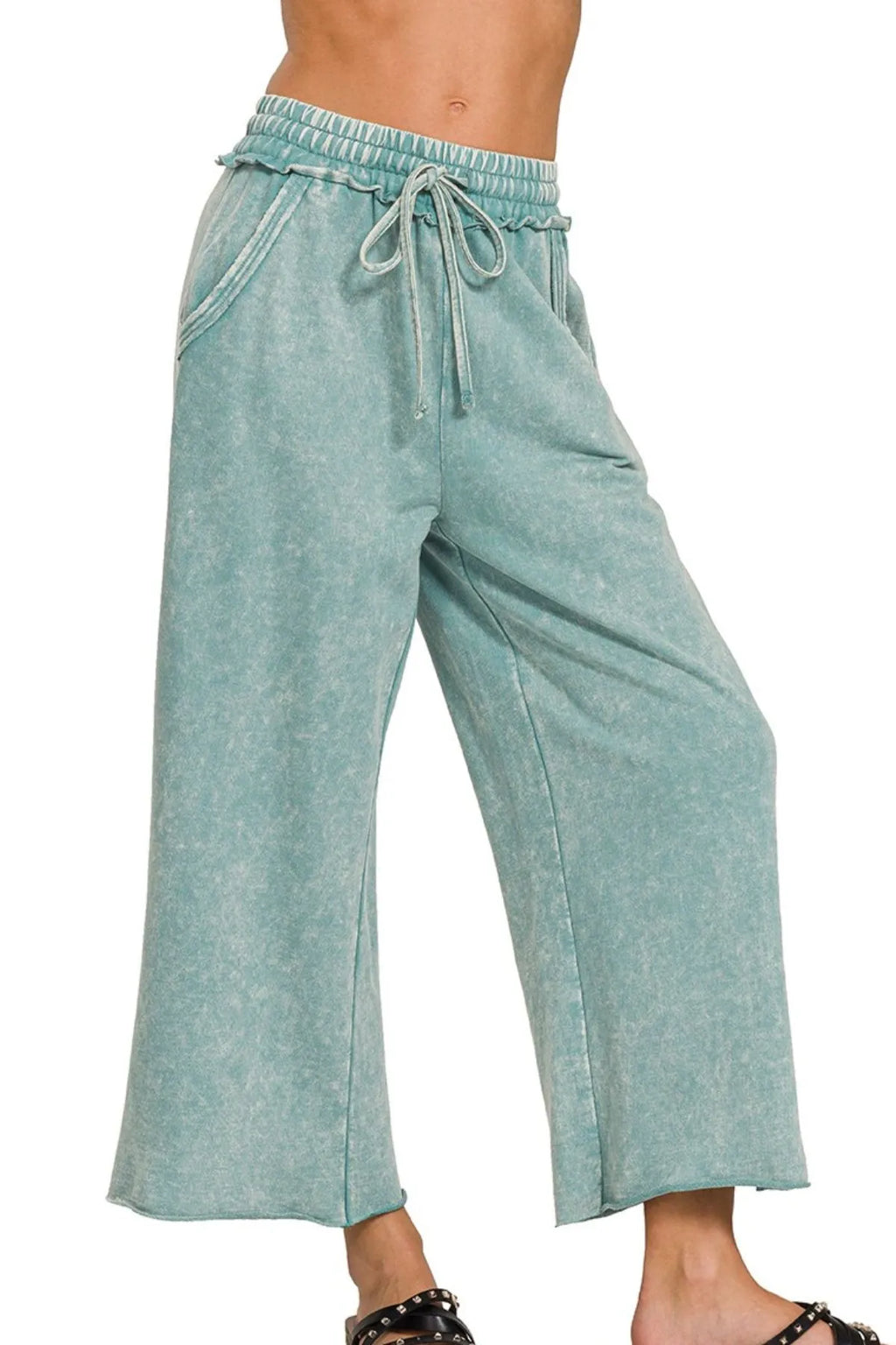 Zenana Washed French Terry Palazzo With Pockets - Women Pants by Trendsi | Available at Handbags Specialist Headquarter