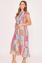 Umgee Full Size Tie Neck Double Layered Ruffle Sleeve Midi Dress Plus Size - Dresses by Trendsi | Available at Handbags Specialist Headquarter