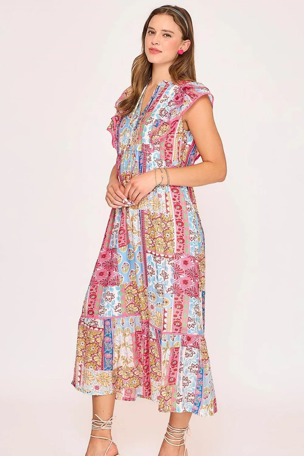 Umgee Full Size Tie Neck Double Layered Ruffle Sleeve Midi Dress Plus Size - Dresses by Trendsi | Available at Handbags Specialist Headquarter