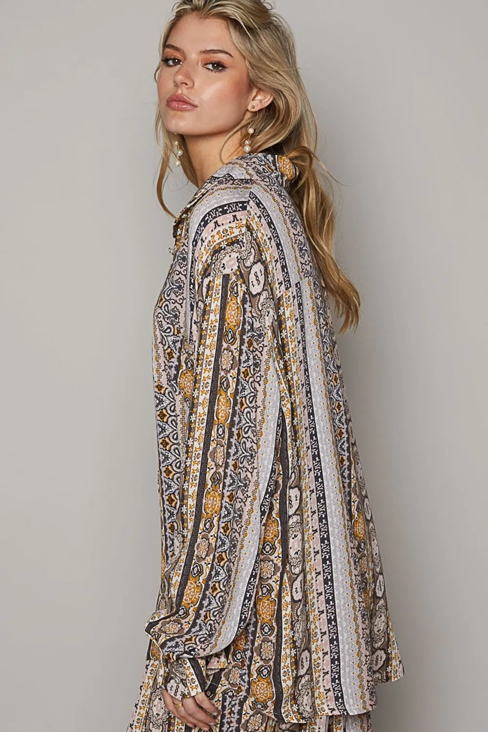 POL Long Sleeve Button Down Printed Shirt - Women's Down Shirt Tops by Trendsi | Available at Handbags Specialist Headquarter