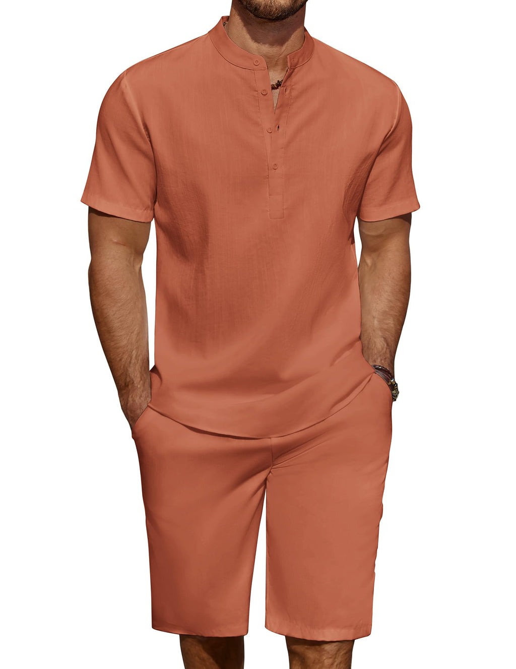 COOFANDY Men's Linen Henley Shirt & Shorts Set