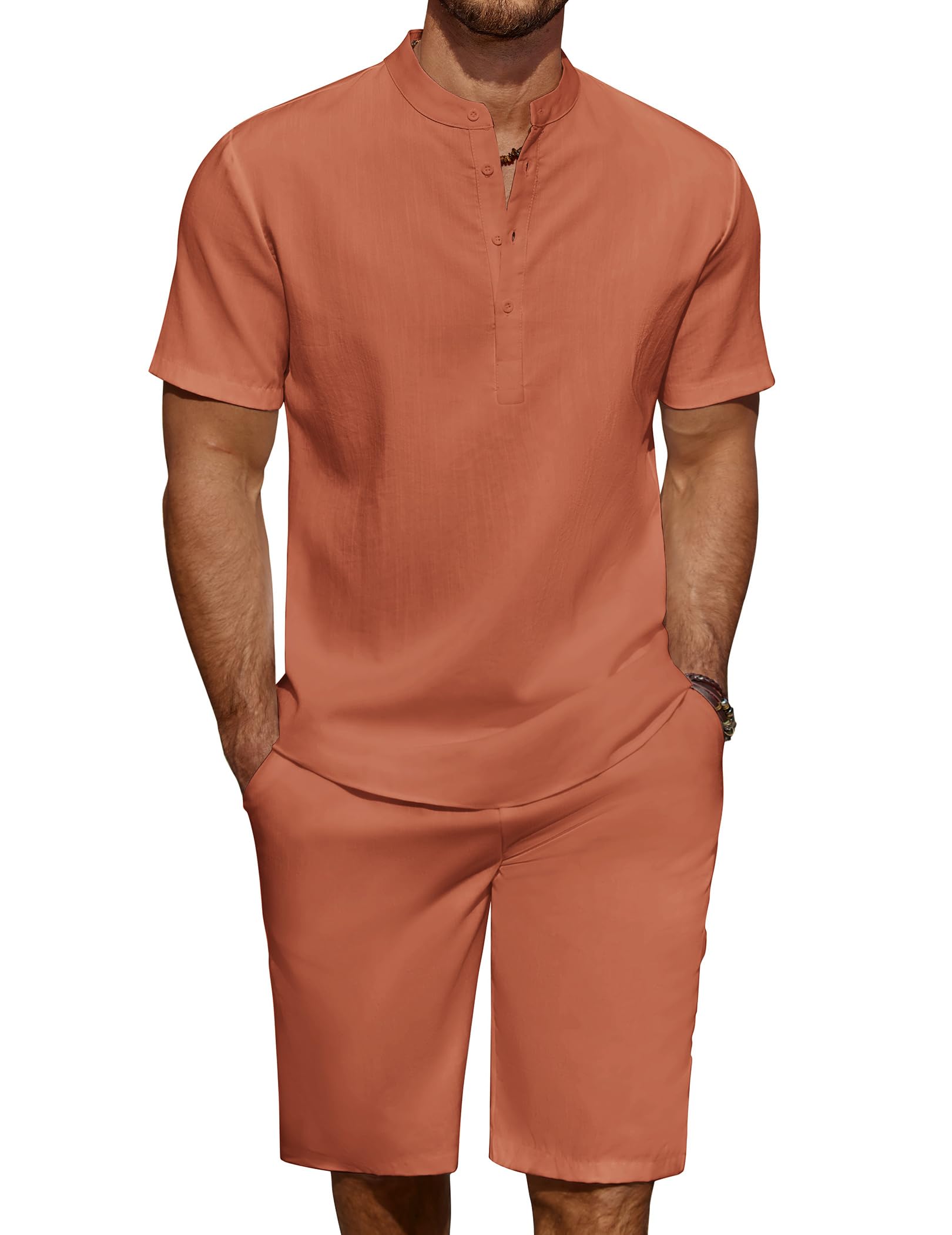 COOFANDY Men's Linen Henley Shirt & Shorts Set