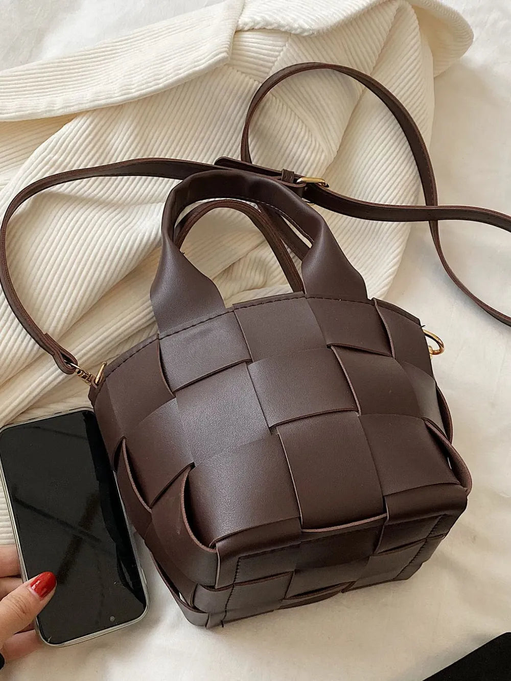 PU Leather Braided Bucket Bag - Tote Bag by Trendsi | Available at Handbags Specialist Headquarter