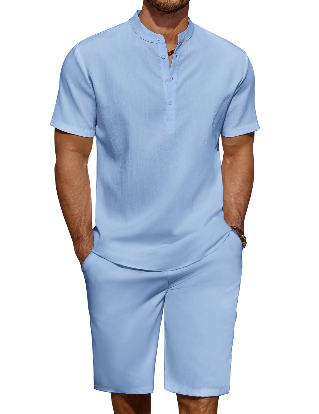 COOFANDY Men's Linen Henley Shirt & Shorts Set
