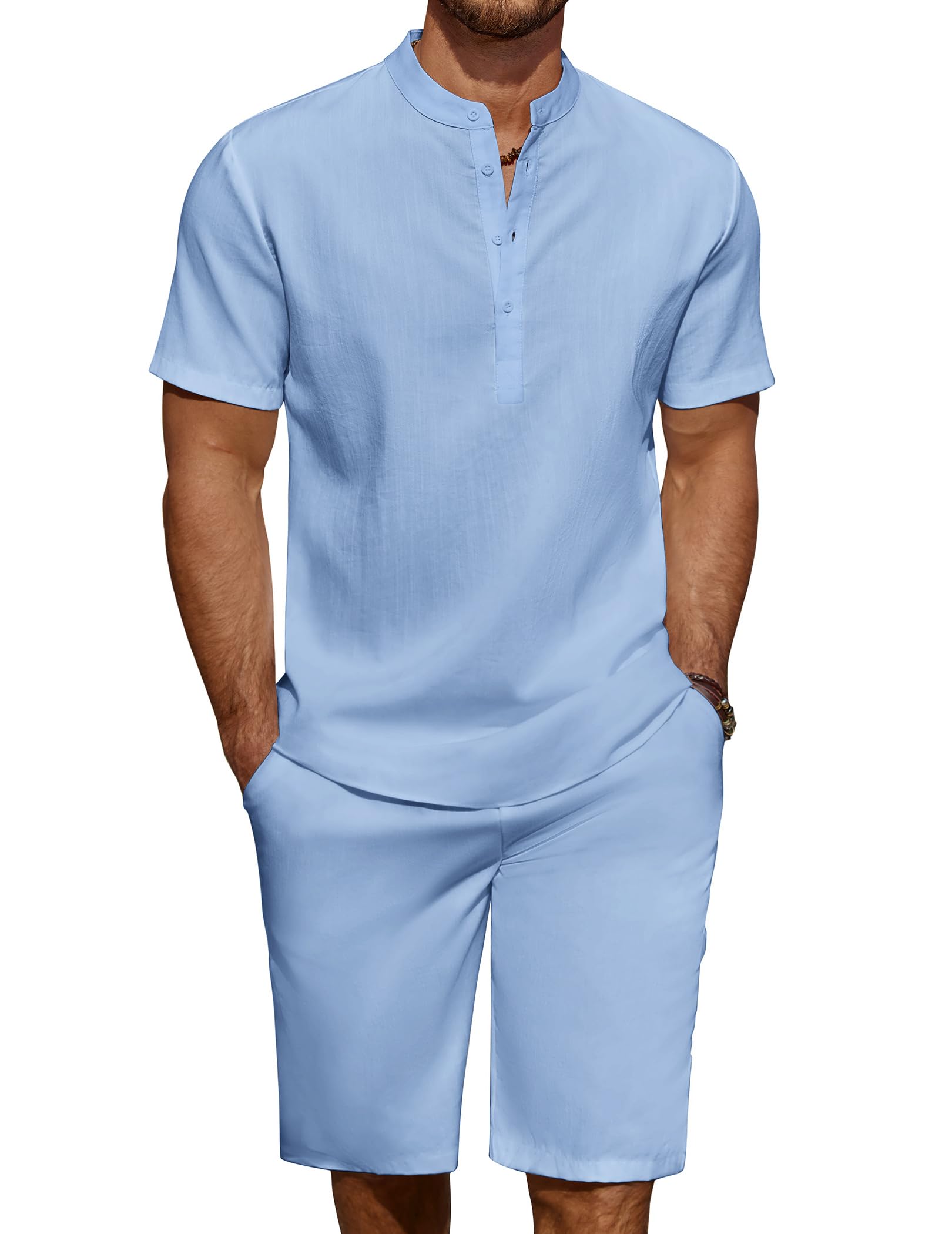 COOFANDY Men's Linen Henley Shirt & Shorts Set