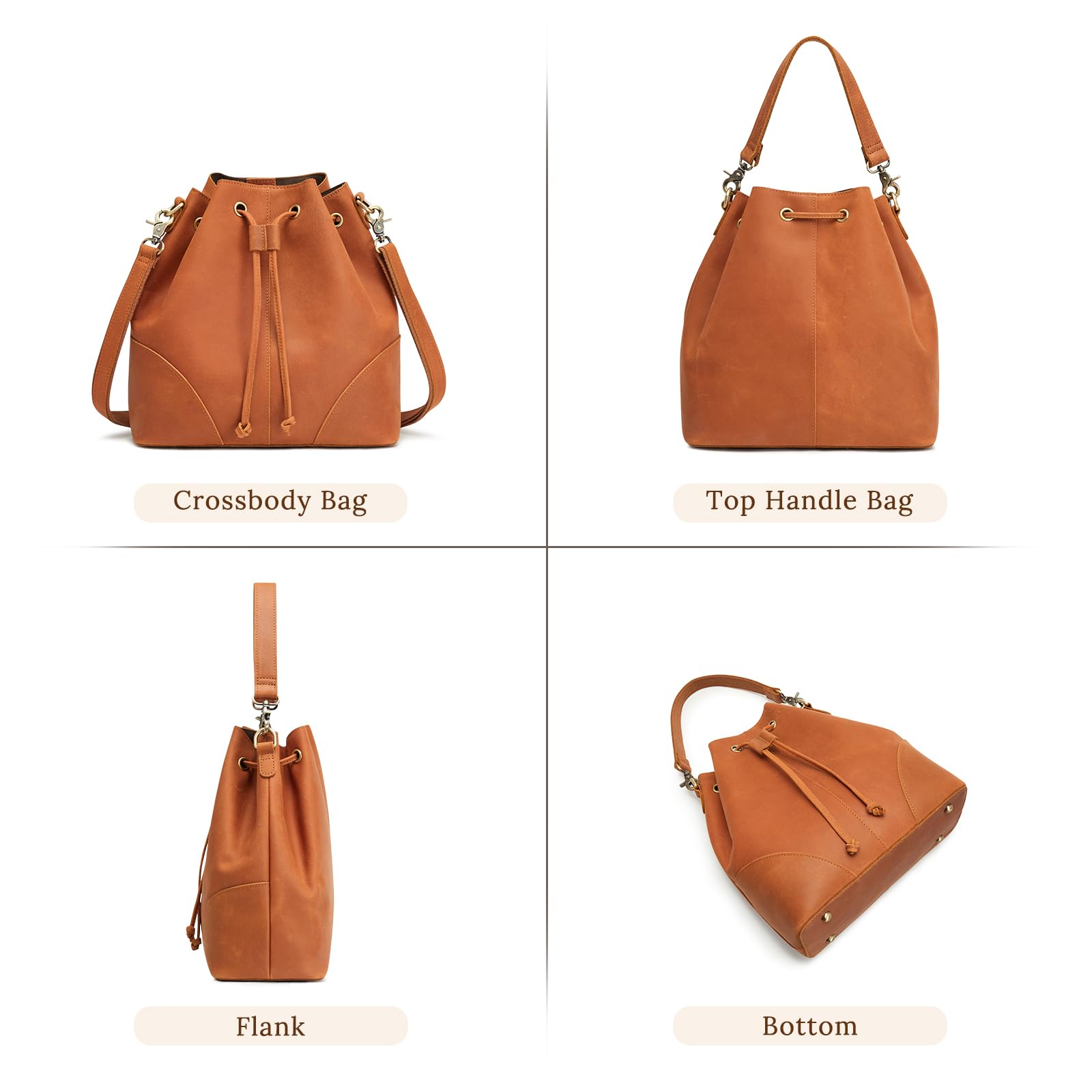 S-ZONE Luxe Leather Drawstring Bucket Bag -  by Handbags Specialist Headquarter | Available at Handbags Specialist Headquarter