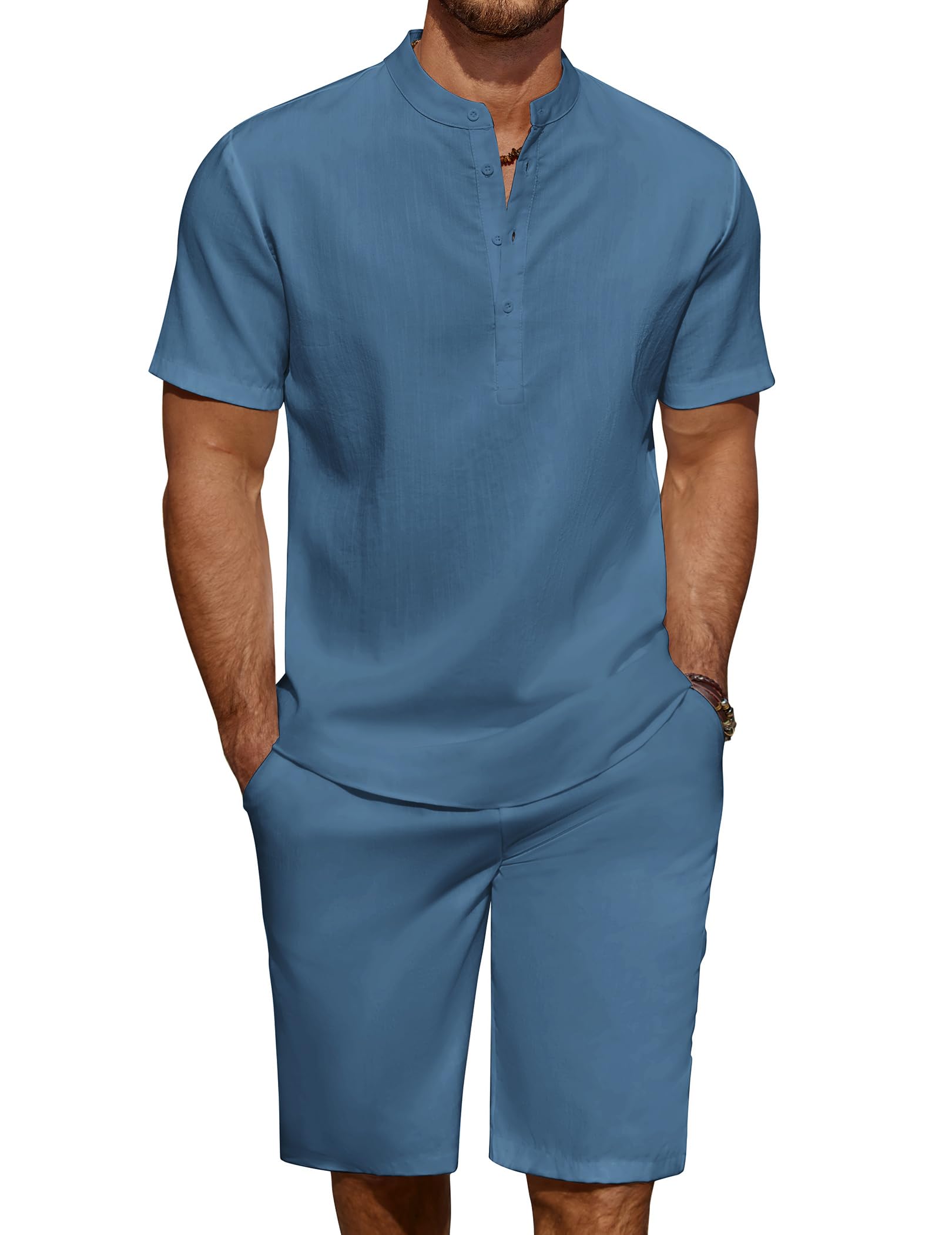 COOFANDY Men's Linen Henley Shirt & Shorts Set